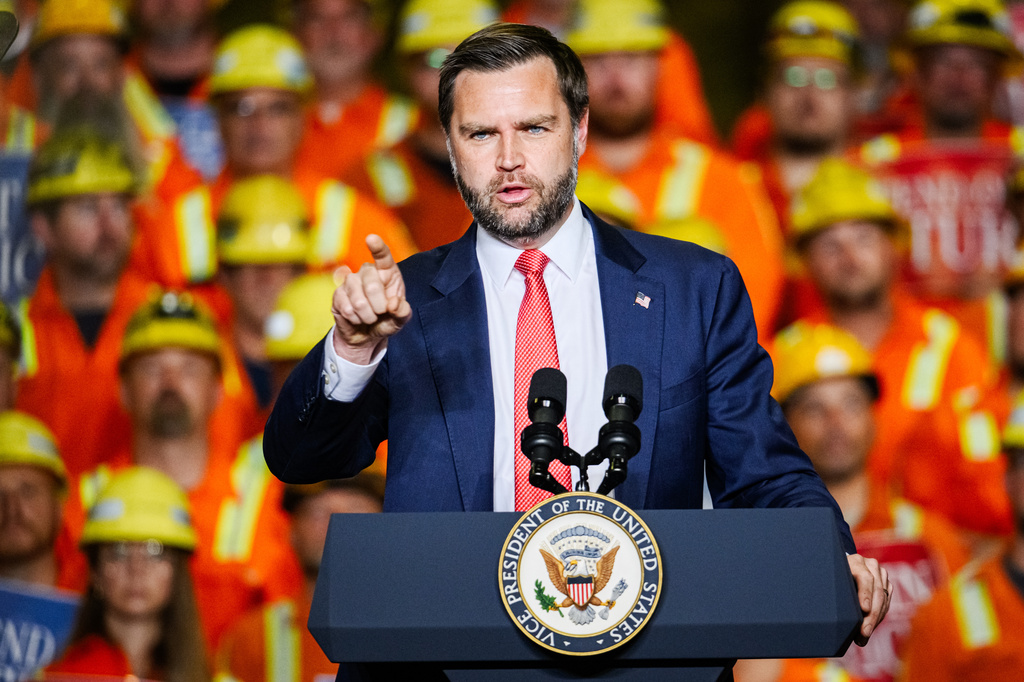 Vance campaigns at the Ohio steel plant where his grandfather worked